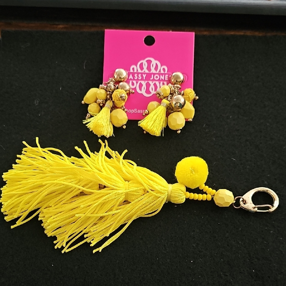 Sassy Jones Yellow Tassel Key & Card Holder with Bead Accents